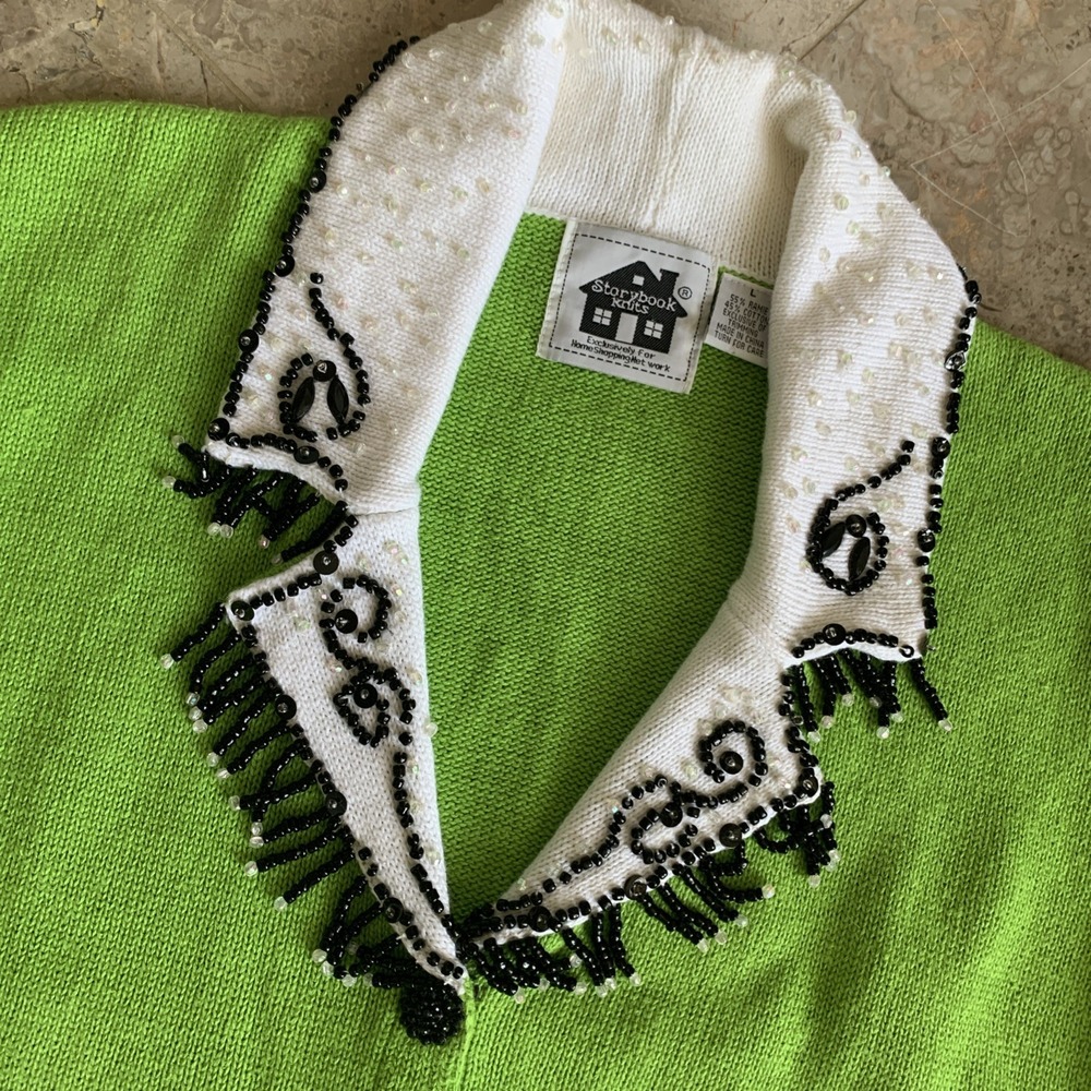 VTG 90s Storybook Knits Sz L Lime Green Sequin Beaded Cardigan Sweater Funky